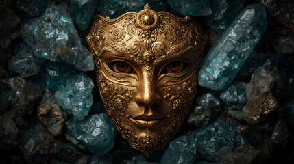 Detailed side-profile close-up of a luxurious mask or face sculpture made of filigree gold, encrusted with brilliant diamonds, rubies, and sapphires.