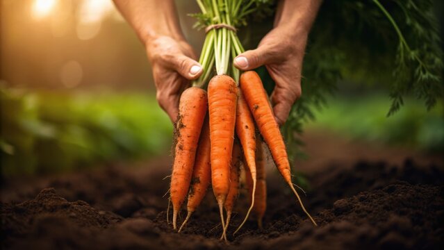 Hands pulling fresh carrots from the soil, showcasing the earthy texture and vibrant orange color against a blurred green background.