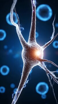 Detailed Neuron Cell Structure with Blue Nucleus and Synapses on Dark Blue Backdrop Medical Visualization of Neurotransmission Neural Network 3D Rendering Brain Activity