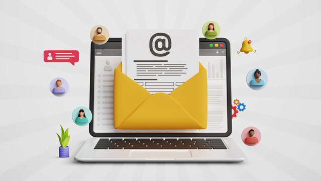 Advanced Email Marketing Campaign, Sales Alert, Customer Engagement, Retention, Leads and Loyalty, Promotion or Newsletter Subscription. Sending Emails to Loyal Customers on a 3D Laptop