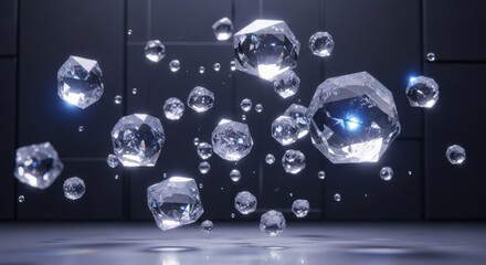 Capture the brilliance of crystal clarity with these floating diamond gems, ideal for luxury branding, science visuals, and elegant design concepts
