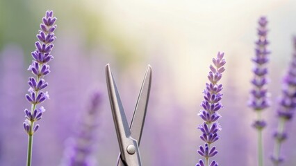 Lavender flowers with garden scissors positioned between them, creating a serene and aromatic gardening scene.