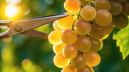 A close-up of grape clusters being trimmed with scissors, showcasing their vibrant color against a blurred green background.