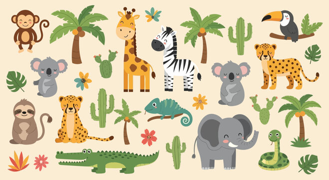 A colorful cartoon illustration featuring a variety of cute jungle animals, including a giraffe, zebra, elephant, crocodile, and monkey, along with tropical plants.