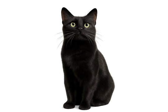 Black cat character sitting, looking up, alert with bright green eyes, pet feline with transparent background