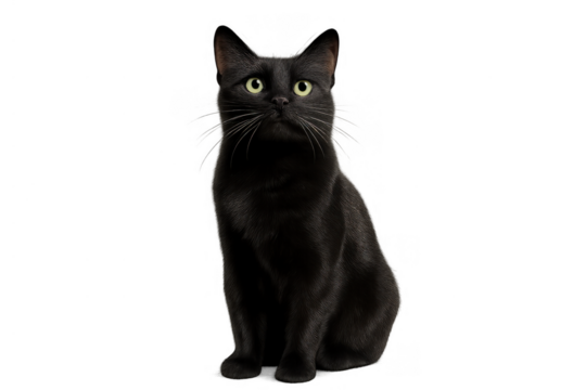 Black cat character sitting, looking up, alert with bright green eyes, pet feline with transparent background
