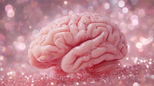 Realistic pink brain model on a shiny glittery background during a creative art exhibition focusing on neuroscience