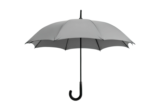 Gray umbrella with a curved handle, isolated on black