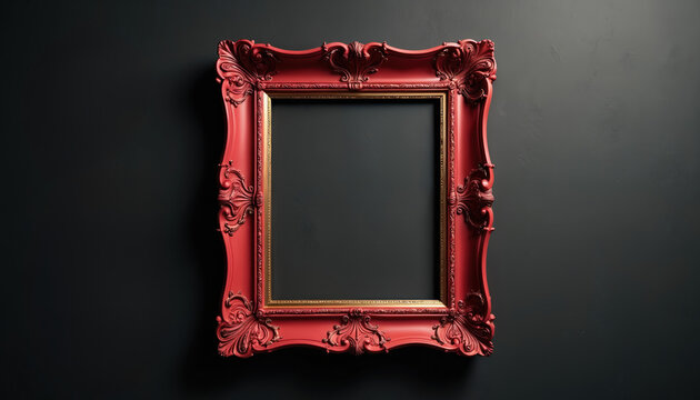 Luxury red ornate picture frame on dark wall. Empty gold border frame with intricate design. Elegant vintage decor for home or office. Blank space for art or photo. Rich red color with golden accents.