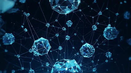 A futuristic, interconnected digital network with glowing, polygonal nodes, all rendered in a blue hue - Powered by Adobe