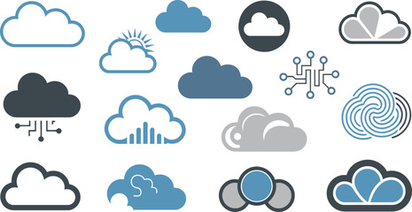 Obraz premium Various Cloud Computing and Data Storage Conceptual Icons in Blue, Gray, and White