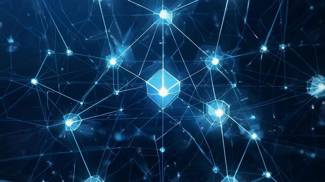 A futuristic abstract illustration of interconnected glowing nodes with intricate lines on dark background