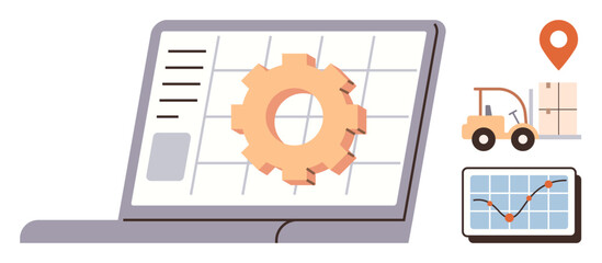 Gear on laptop screen with data chart, forklift carrying boxes, map marker, and monitor displaying analytics. Ideal for logistics, analytics, inventory, technology, optimization delivery business