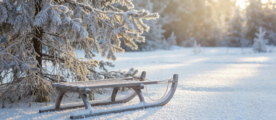 Wooden sled resting on snow-covered ground in winter landscape  