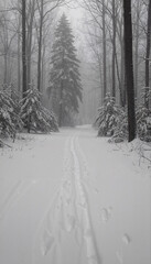 Fototapeta premium Snowy forest path with footprints in winter scenery 
