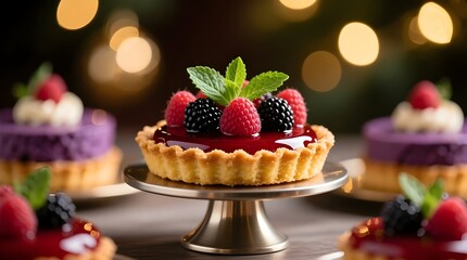 Luxury Berry Tart with glossy raspberry glaze and topped with fresh raspberries, blackberries, and mint leaves  close Up on Metal Stand - bokeh lights in background