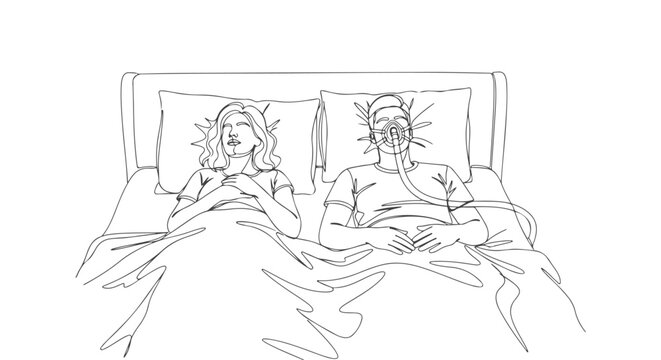 Continuous line drawing of a couple sleeping in bed, one person with a CPAP machine, representing rest and medical care