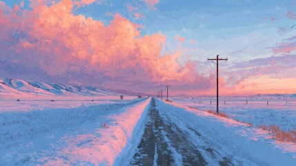 Scenic winter road with vibrant sunset sky in a snowy landscape near distant mountains