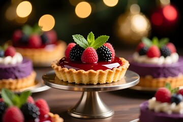Elegant Berry Tart with glossy raspberry glaze and topped with fresh raspberries, blackberries, and mint leaves  close Up on Metal Stand - bokeh lights in background