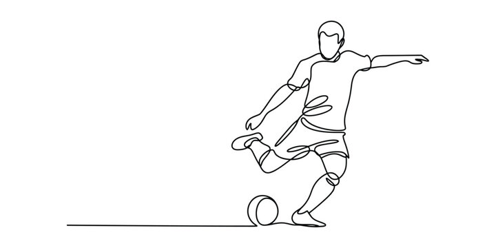 Continuous line drawing of a soccer player kicking a football