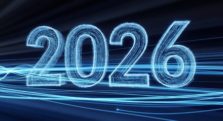 Futuristic 2026 new year celebration with glowing blue light trails for technology and innovation, a stunning modern design for forward-thinking brands