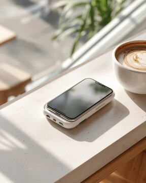 Compact mPOS tap reader and smartphone on minimal cafe counter with coffee cup and daylight