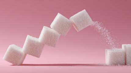 Sugar cubes cascade over a pink background creating a playful balance while some sugar granules scatter below