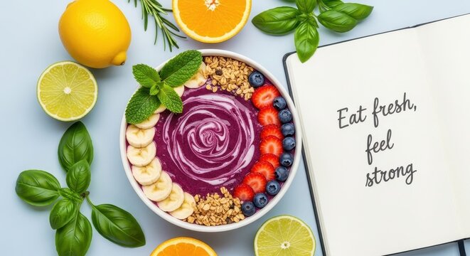A Healthy Smoothie Bowl with Fresh Fruits and Berries on a Table