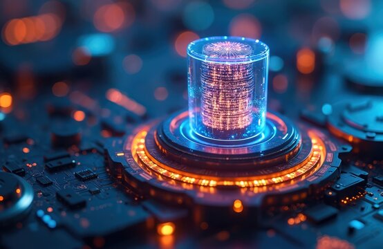 Futuristic data storage tech concept with holographic interface. Digital circuit board with glowing elements. Tech design illustrating modern innovation future cyberspace. Data center high tech. - Powered by Adobe