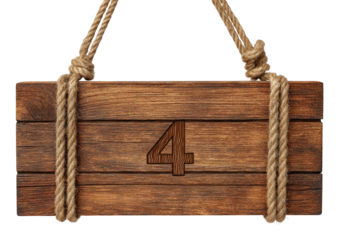 Number 4 on rustic wood sign with rope hangers