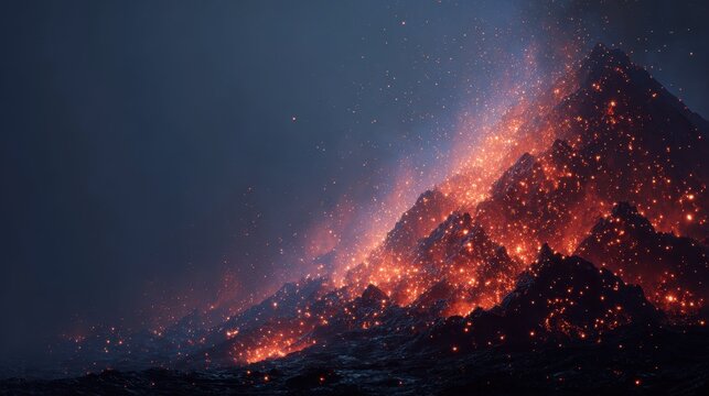 Volcanic eruption glowing in the night sky illuminates the surrounding dark landscape with flowing lava and ash clouds