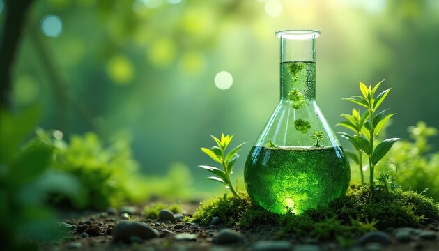 Flask with green liquid and tiny plant inside sits on mossy ground. Surrounding foliage forms soft bokeh. Represents nature based chemistry and eco friendly science.
