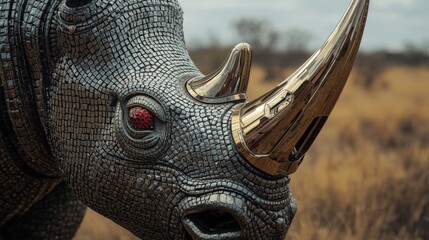 Full-body shot of a futuristic mechanical rhinoceros with heavy metal armor and glowing golden rivets, walking through dry grass in a savanna setting.