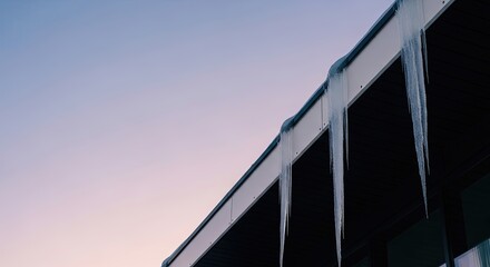 Fototapeta premium Icicles hanging from roof, winter landscape, cold frozen building