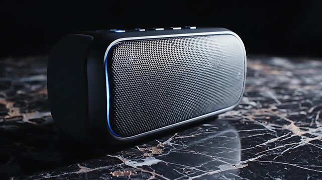Close up of a modern portable wireless Bluetooth speaker with glowing blue LED lights sitting on a dark marble surface Stylish audio technology product photography