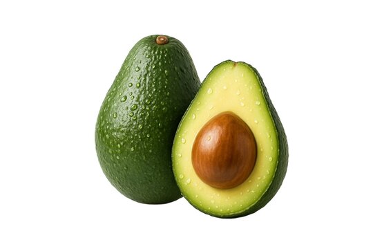 Whole and Half Avocado with Water Droplets Isolated on White Background