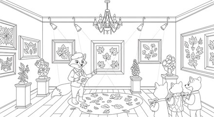 Obraz premium Cartoon Fox Guiding Animal Tourists in Autumn Leaf Art Gallery, Line Art