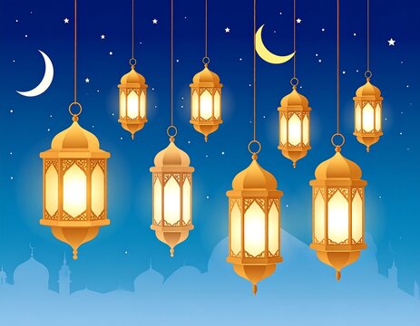 Illuminated lanterns hanging against a starlit, blue gradient backdrop - Powered by Adobe