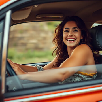 jovem mulher viajando de carro sorridente, expressando felicidade e paz