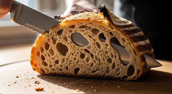 Freshly baked artisanal bread sliced, revealing porous crumb and rising steam.