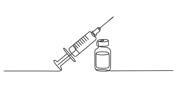 Continuous line art drawing of syringe and medical vial concept
