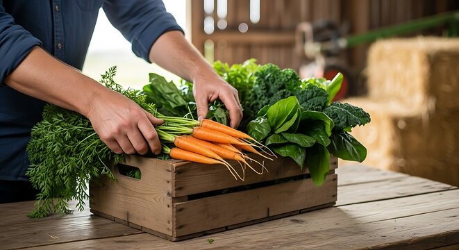 Hands arranging freshly harvested organic carrots and greens in wooden crate. - Powered by Adobe
