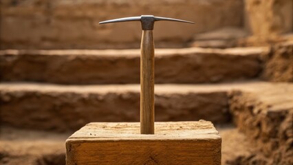 A pickaxe stands upright on a stone block, set against a textured, earthy background, suggesting a worksite or mining environment.