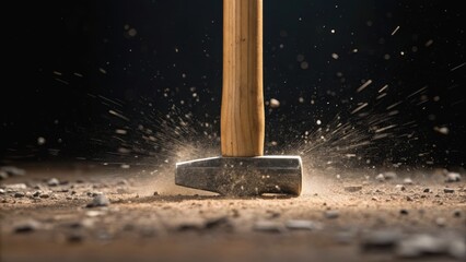 A hammer striking the ground, creating sparks and debris, emphasizes force and craftsmanship in a dramatic lighting scenario.