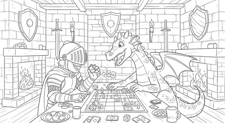 Fototapeta premium Knight and Dragon Playing Board Games in Medieval Castle, Line Art