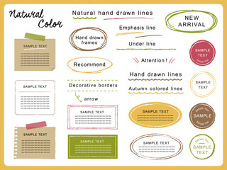 スタンプ風のフレームと手描きのライン、デザイン要素のセット