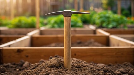 A gardening tool stands upright in soil among wooden garden beds, suggesting cultivation and growth in a vibrant garden setting.