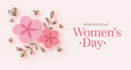 International Womens Day vector celebration with pink floral elements and decorative hearts