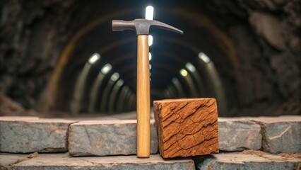 A hammer rests beside a textured block on stone in a tunnel, illuminated by lights in the background, suggesting construction or mining activity.