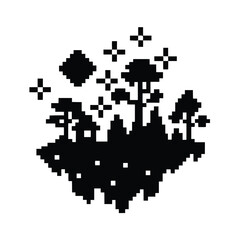 Fototapeta premium Pixelated landscape features a silhouetted forest and glowing pixel stars under a blocky moon
